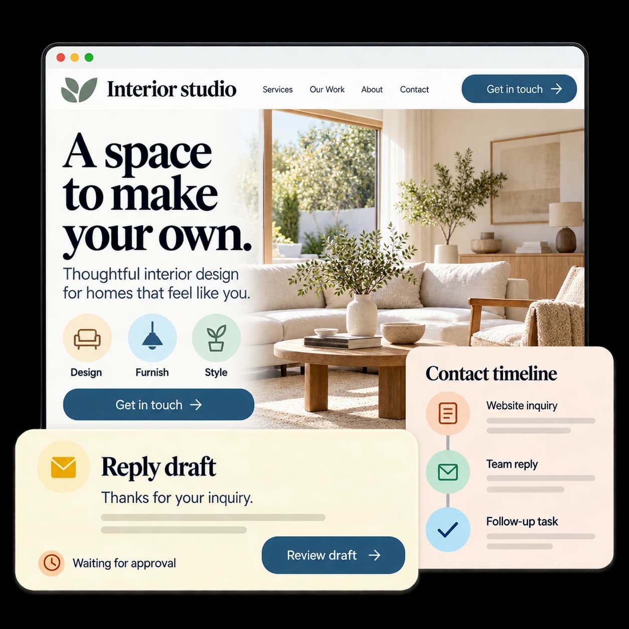 Illustrative interior website with a reply draft awaiting approval and a contact timeline