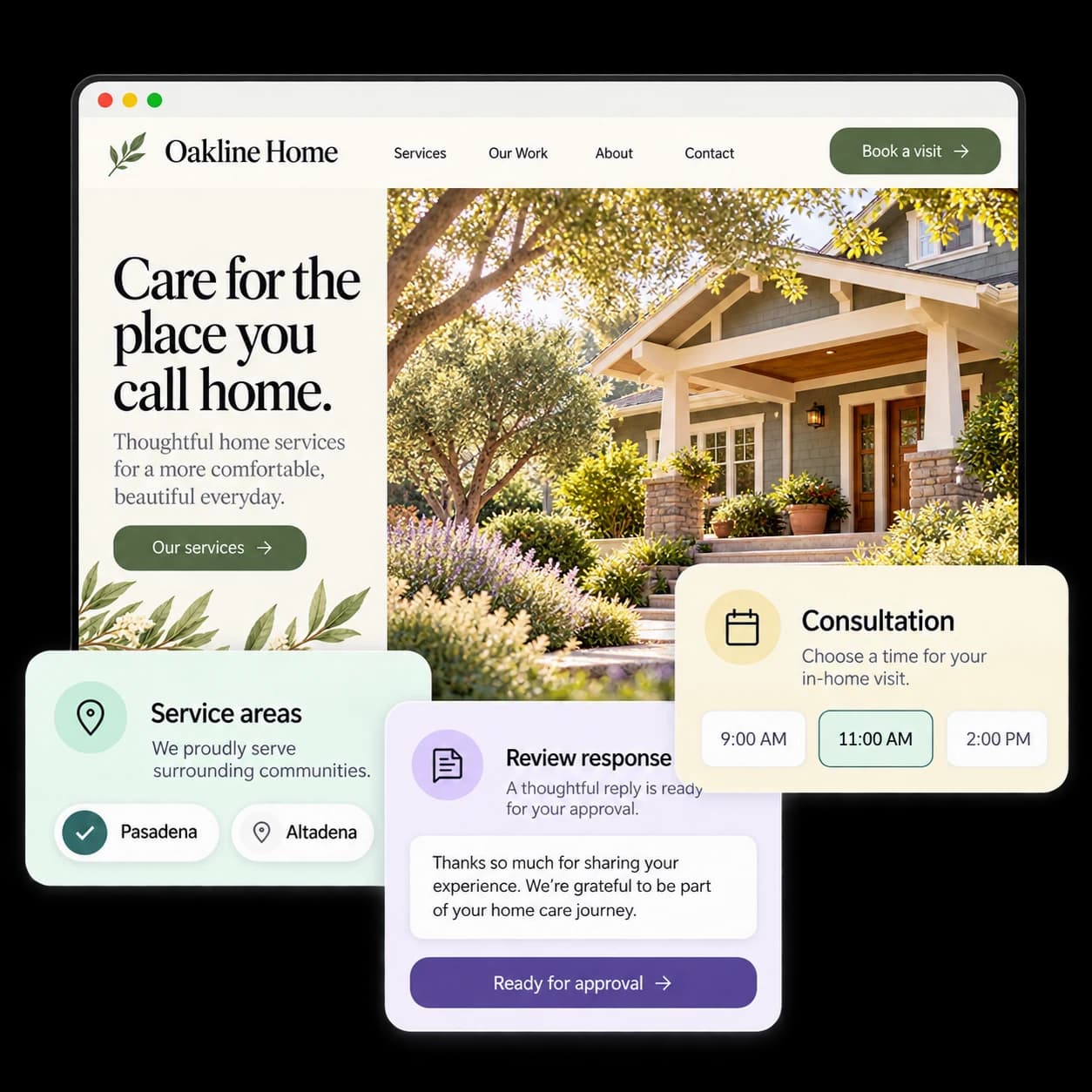 Illustrative home-services website with local service-area, review approval, and consultation cards