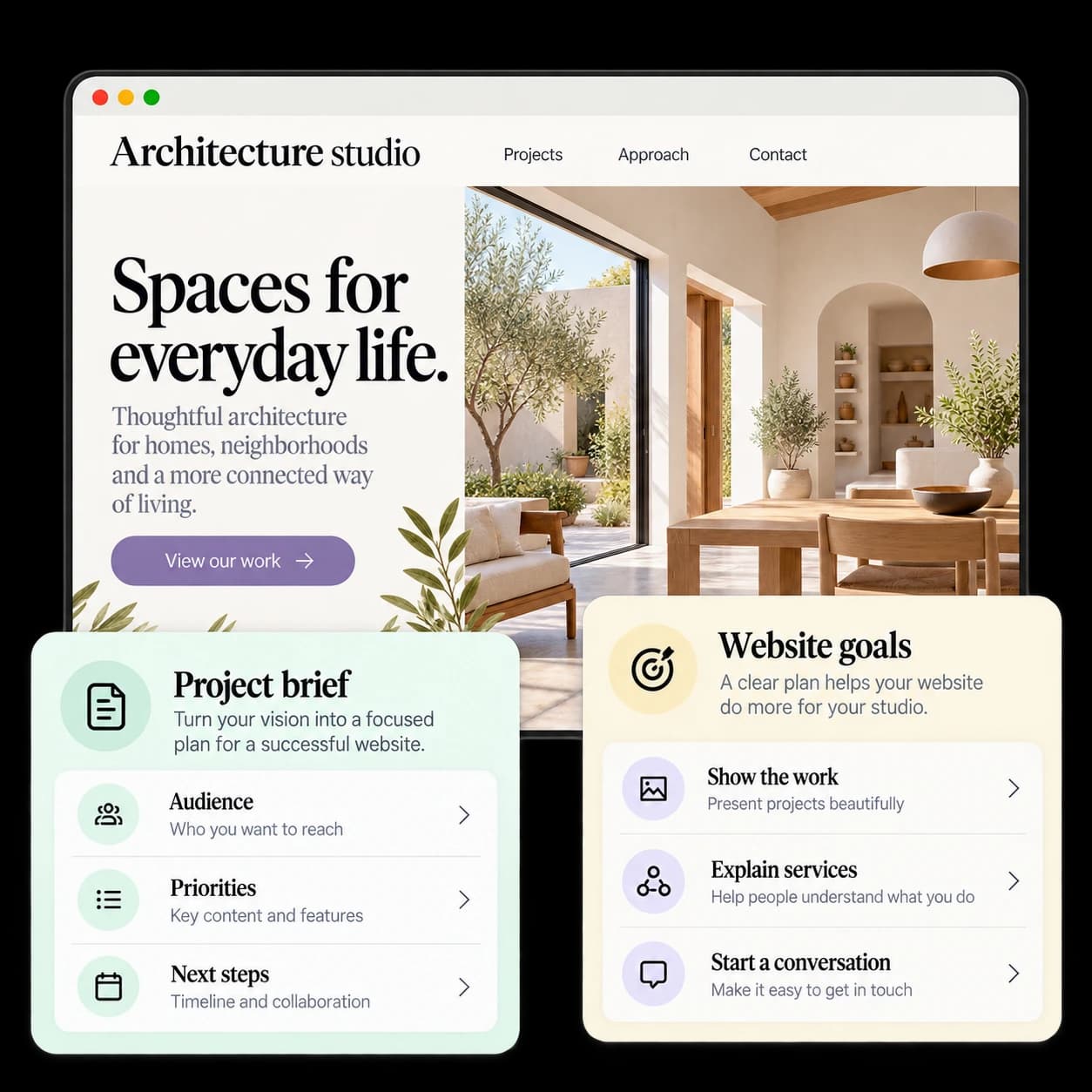 Illustrative architecture studio website with website goals and project brief cards