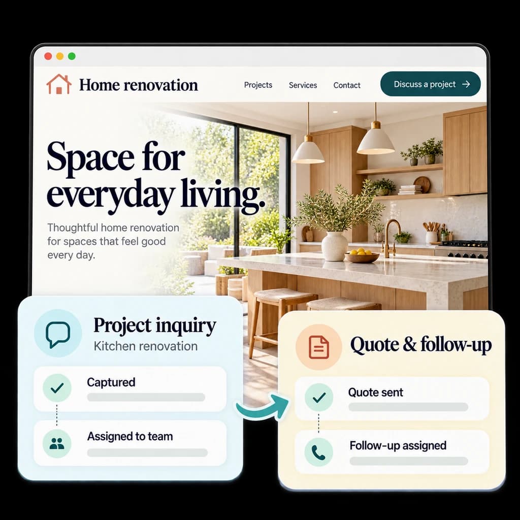 Illustrative home renovation website with project inquiry, quote, and assigned follow-up cards