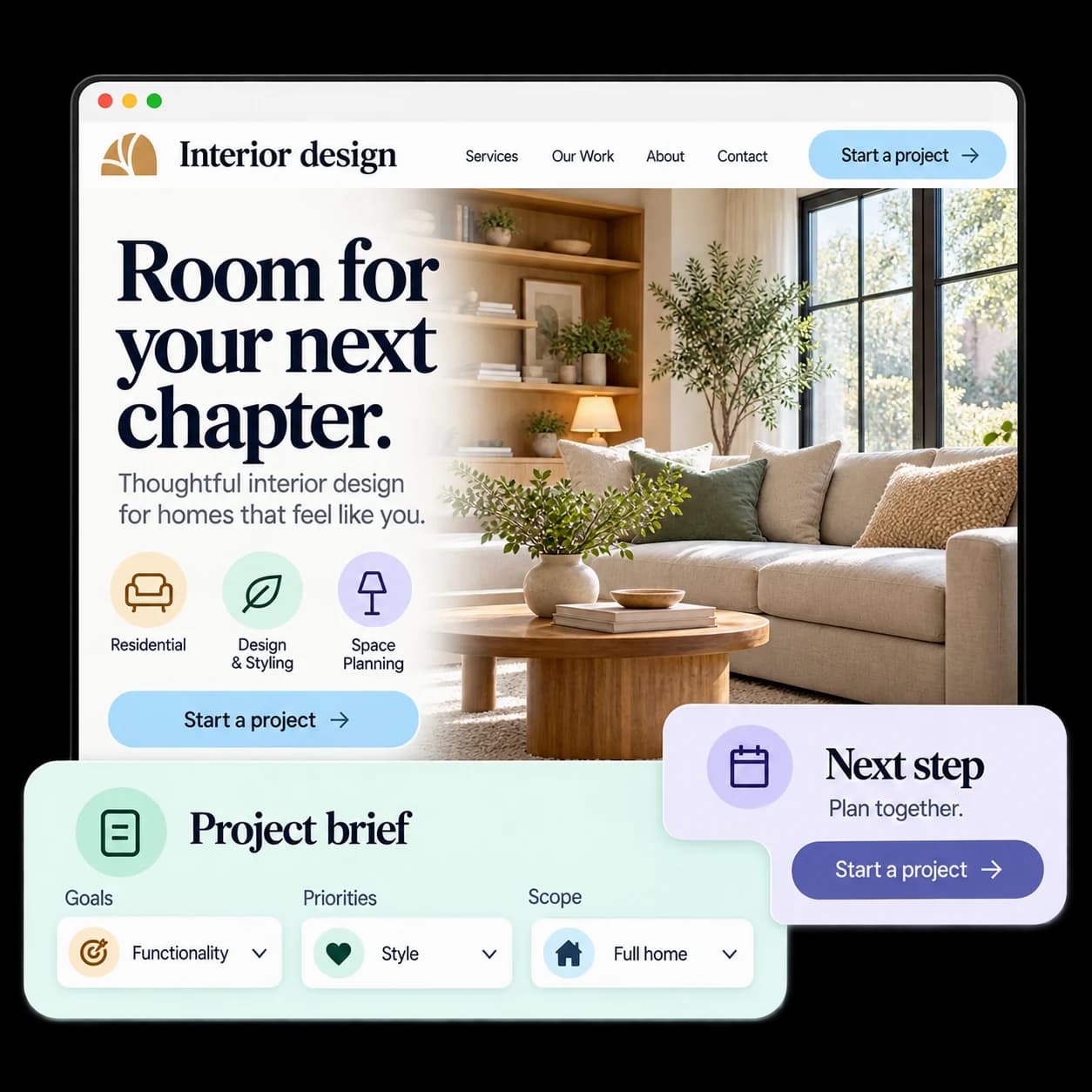 Illustrative interior design website with project brief and planning cards