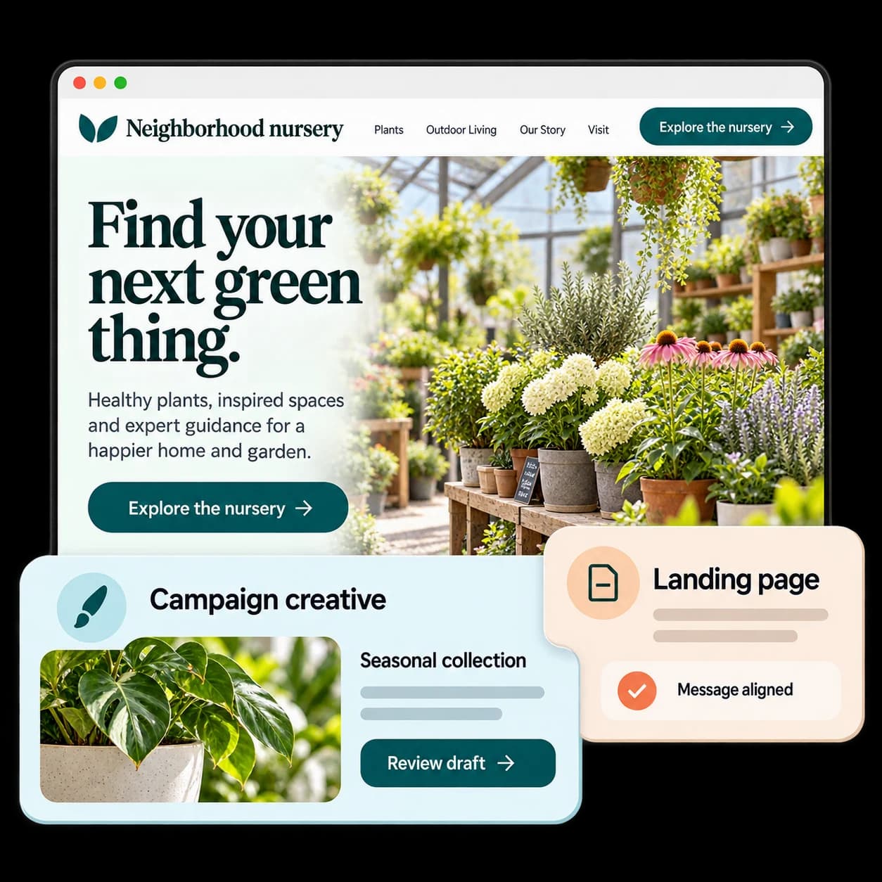 Illustrative nursery website with plant photography and campaign creative and landing page review cards