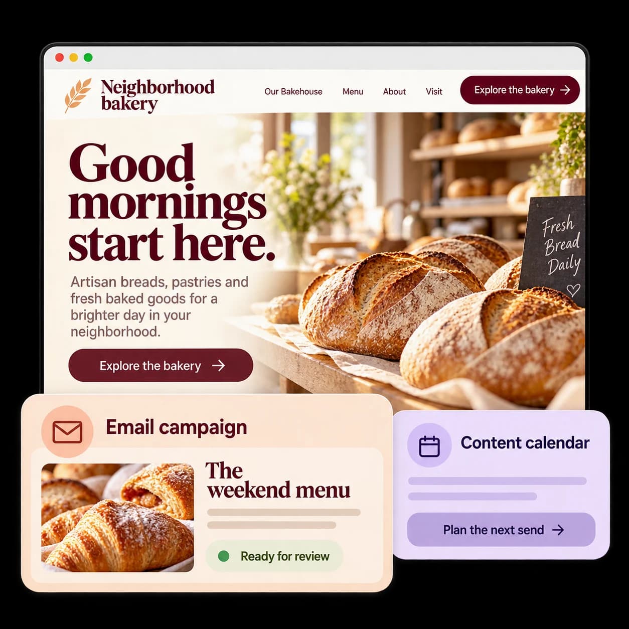 Illustrative bakery website with bread photography and email campaign and content calendar cards