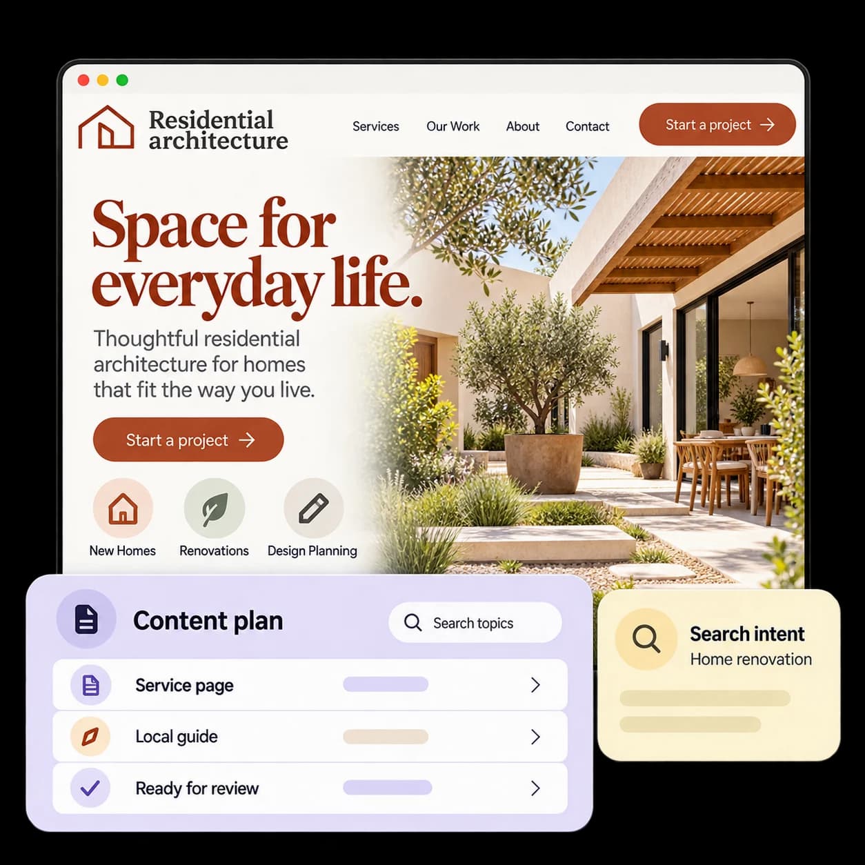 Illustrative architecture website with courtyard photography and content plan and search intent cards