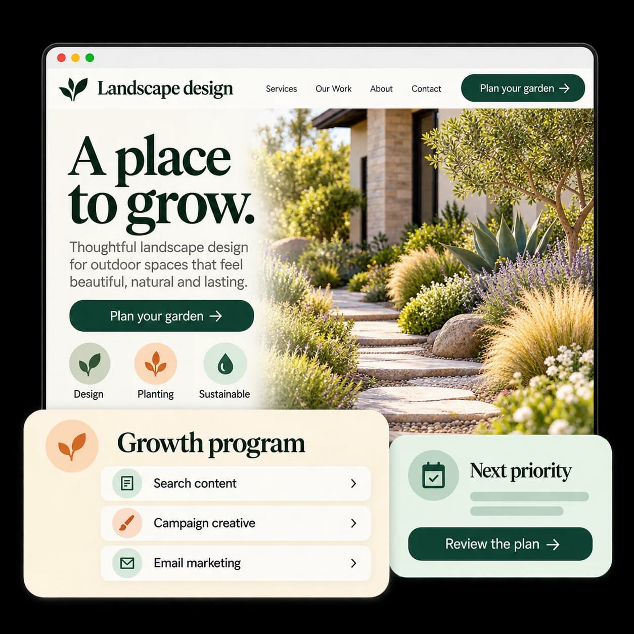 Illustrative landscape design website with a growth program and priority review cards