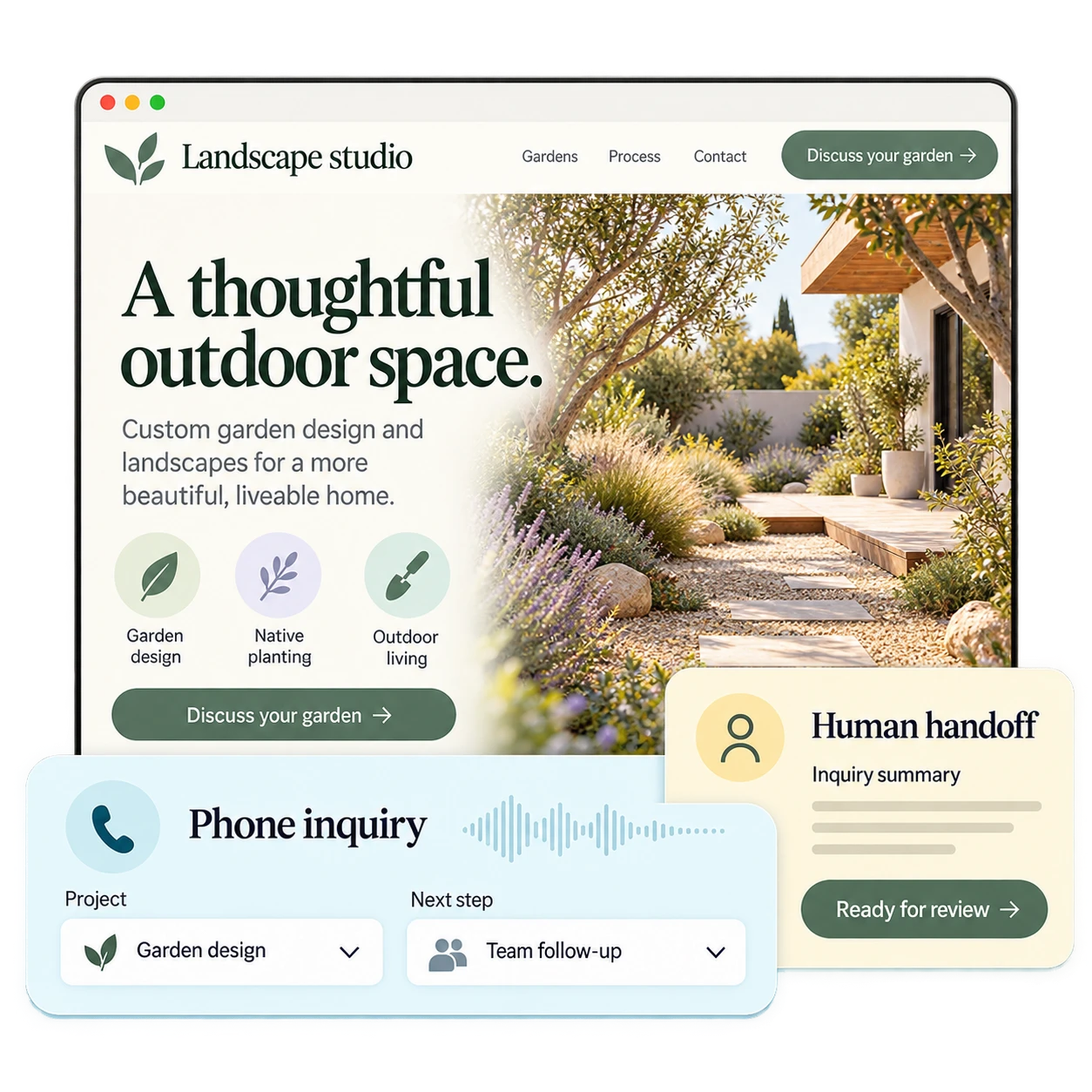 Illustrative landscape website with phone inquiry and human handoff cards