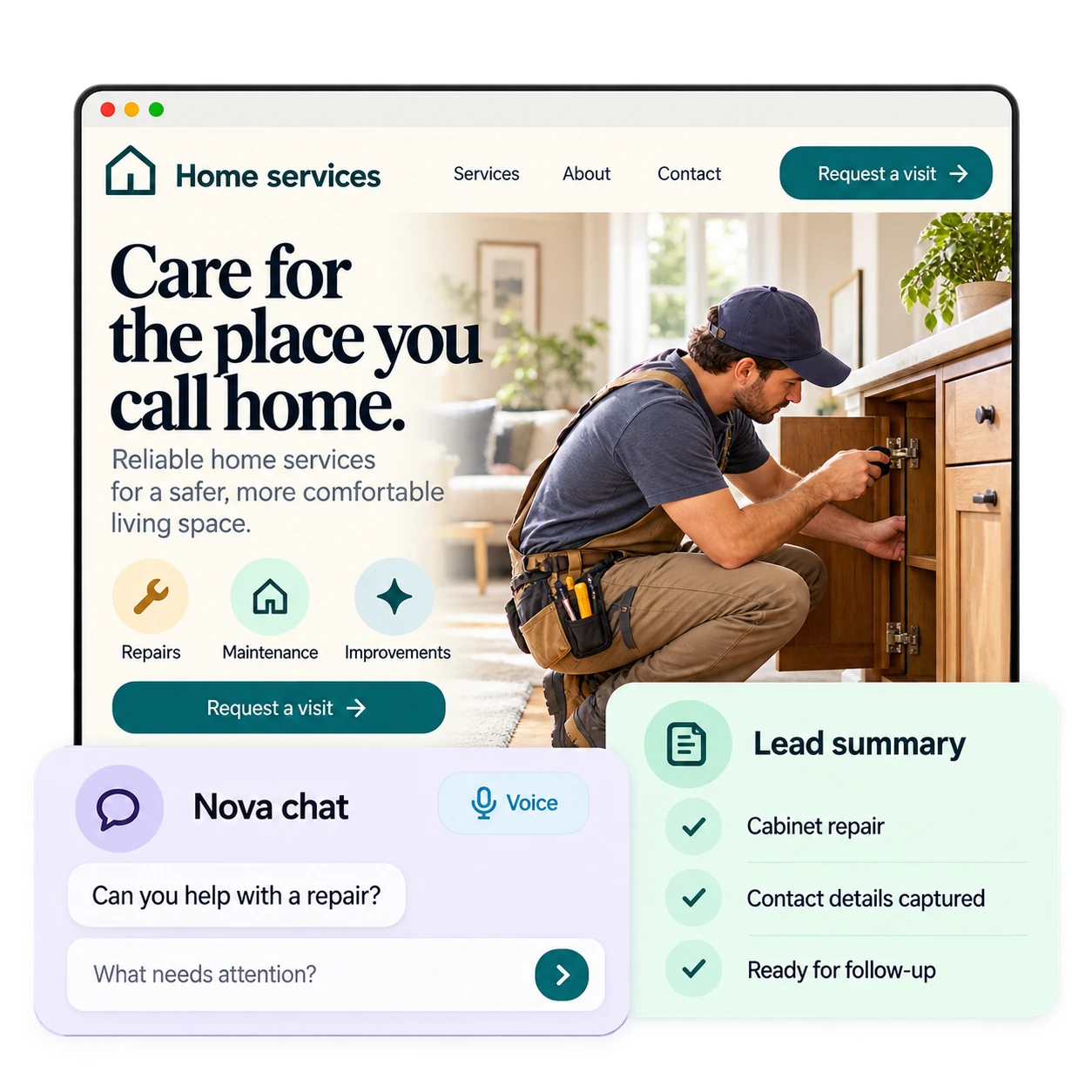Illustrative home-services website with Nova chat, voice option, and repair inquiry summary