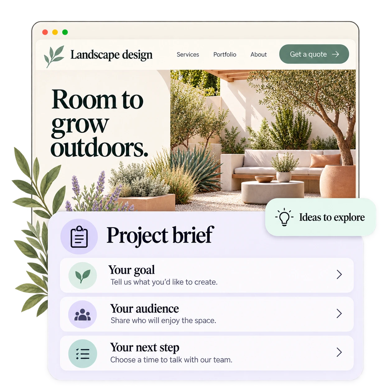 Illustrative landscape design website with project planning cards