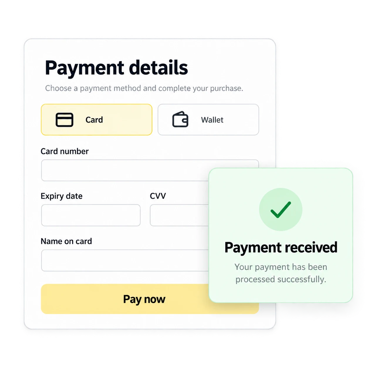 Payment form with card and wallet options and a confirmation