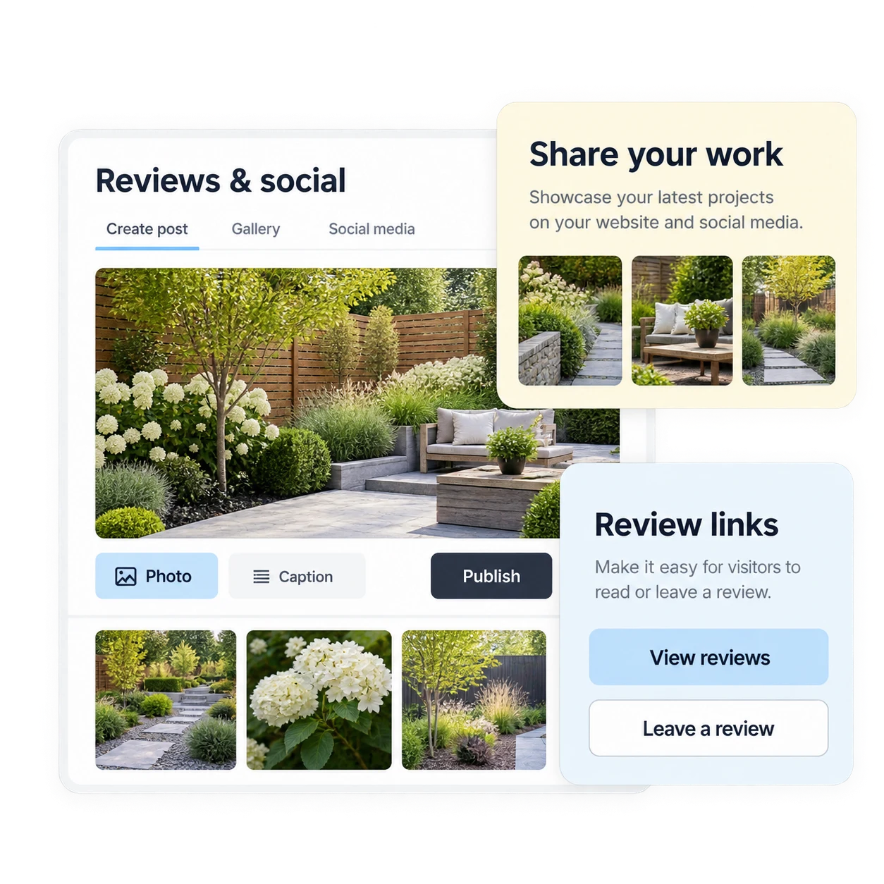 Social photo editor and review links alongside garden project photography
