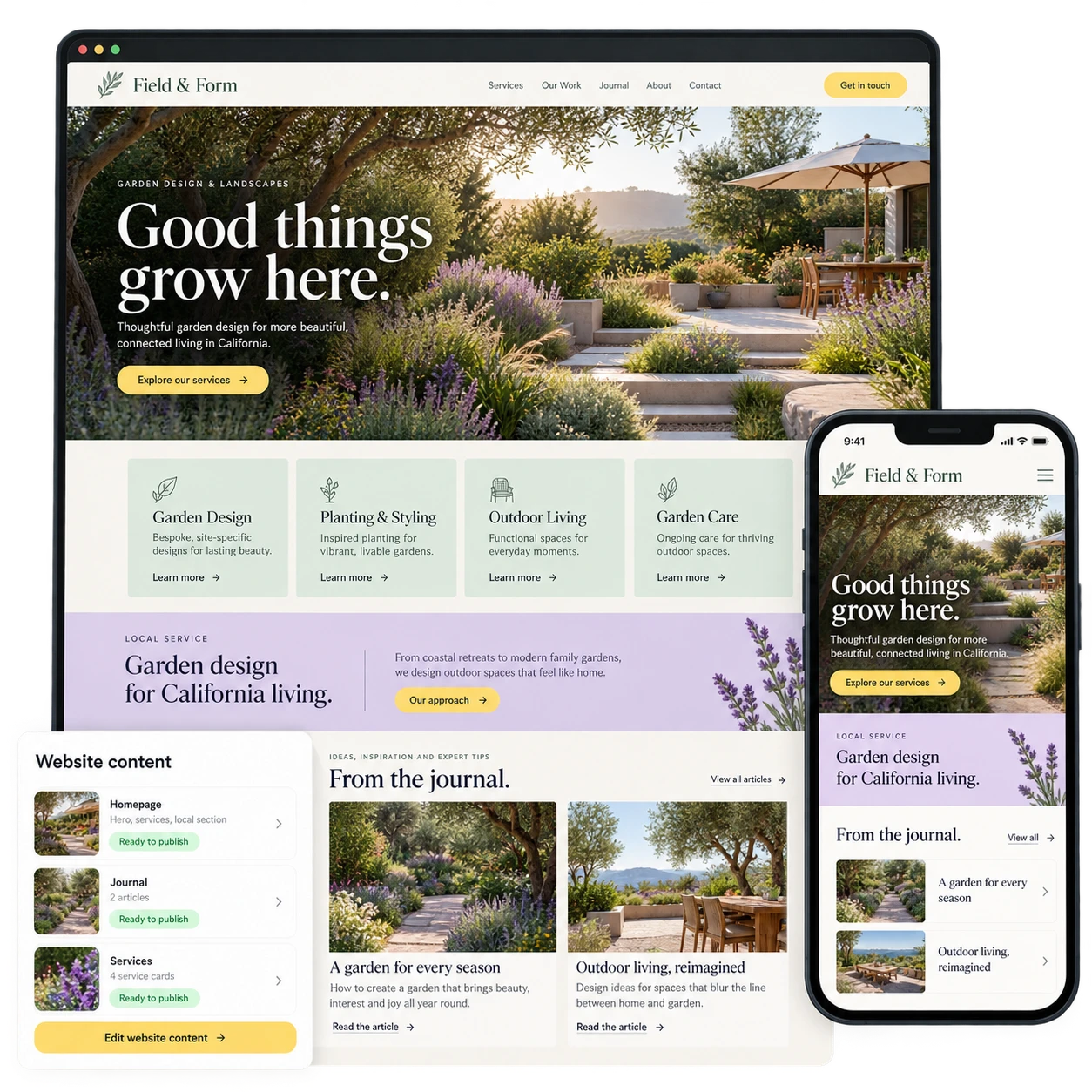Example business website with garden photography, journal articles, a mobile layout, and content publishing controls