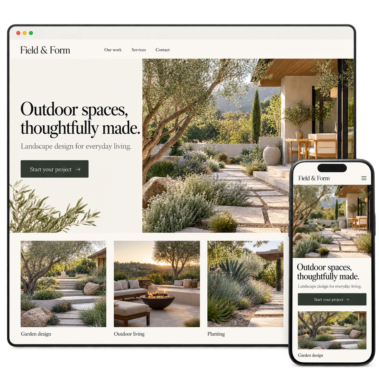 Illustrative landscape business website with garden photography on desktop and mobile