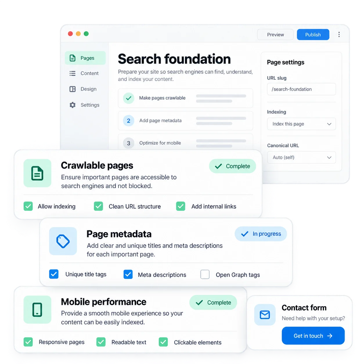 Technical SEO interface showing crawlable pages, page metadata, mobile performance, and a contact form