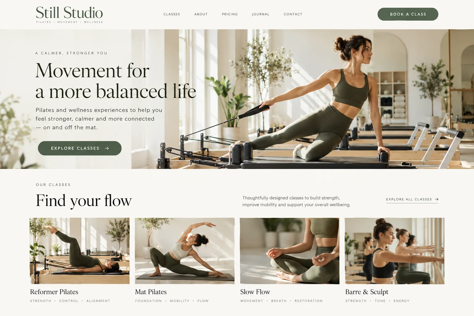 Wellness studio website concept with realistic Pilates studio photography
