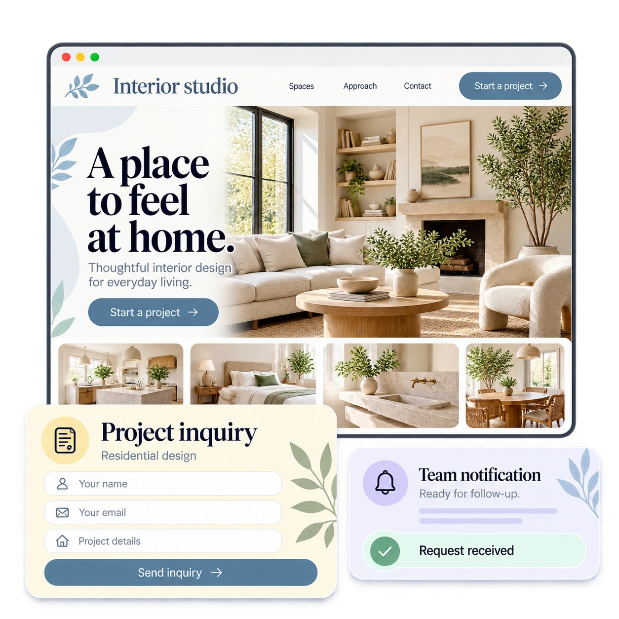 Illustrative interior studio website with residential photography, project inquiry, and team notification cards